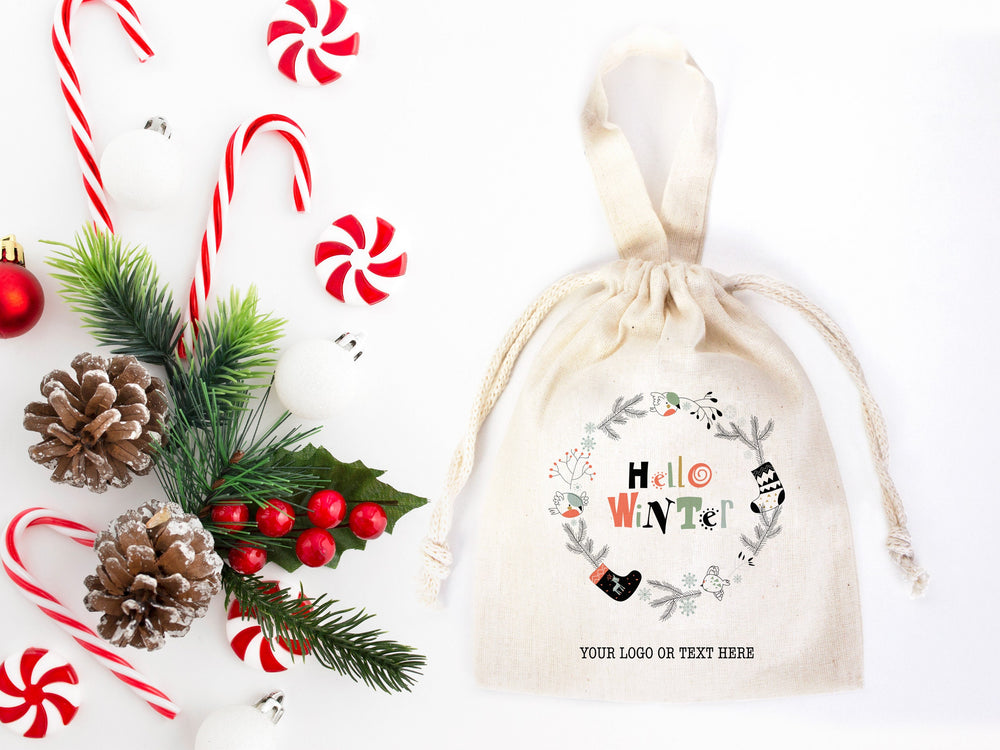 Hello Winter Gift Bags - 6"W x 8"H (15.5 cm x 20 cm) Custom Family or Company Bags, Add Logo & Text, Personalized Cotton Bags