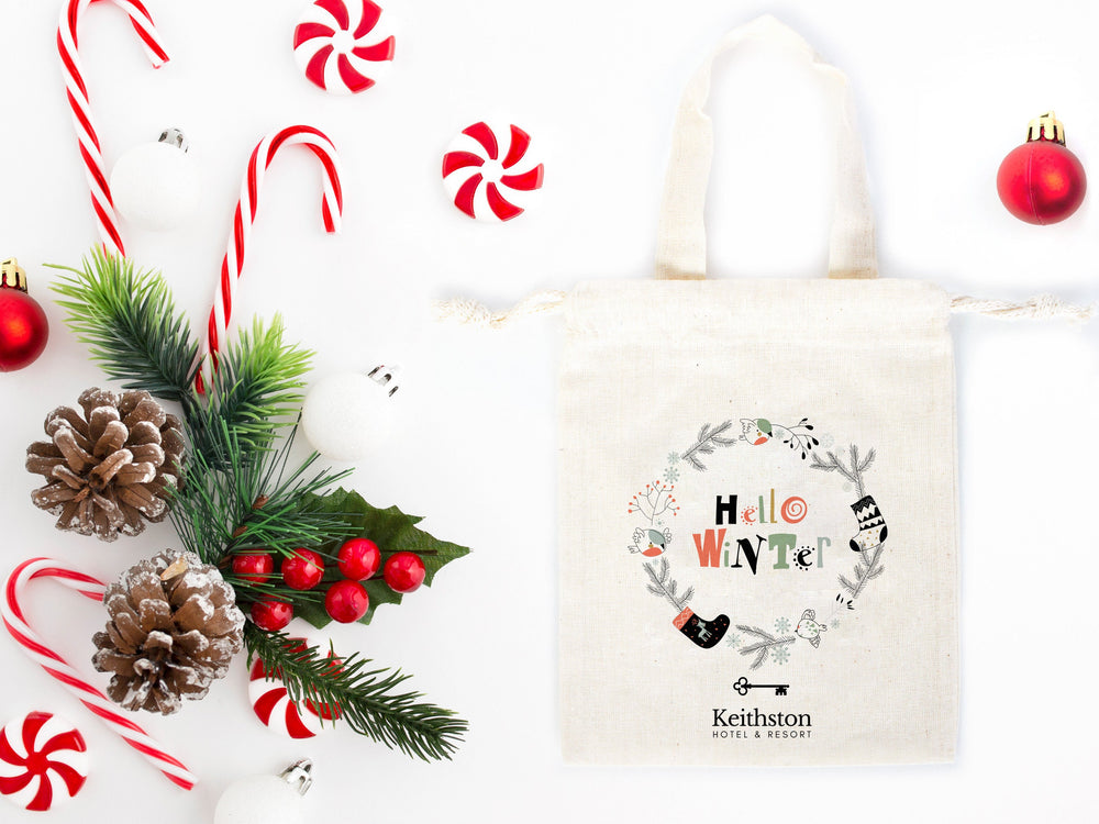 Hello Winter Gift Bags - 6"W x 8"H (15.5 cm x 20 cm) Custom Family or Company Bags, Add Logo & Text, Personalized Cotton Bags