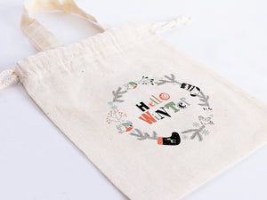 Hello Winter Gift Bags - 6"W x 8"H (15.5 cm x 20 cm) Custom Family or Company Bags, Add Logo & Text, Personalized Cotton Bags