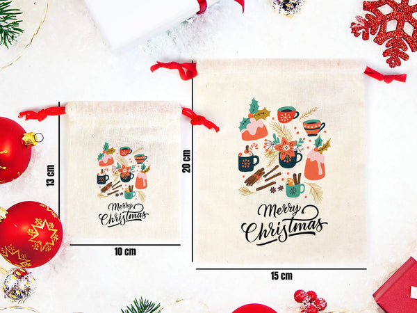 Merry Christmas Bags - Custom Family or Company Gift Bags with Logo & Text,  Personalized Cotton Bags for Christmas Gifts, New Year Pouch Bag