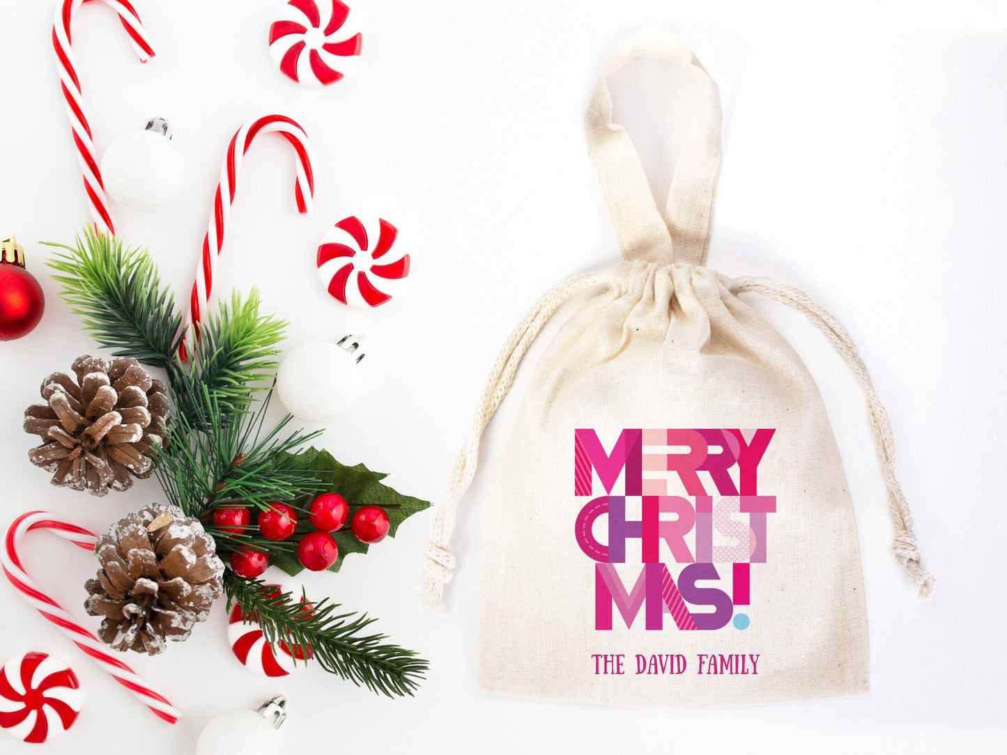 Custom Merry Christmas Gift Bag - 6"W x 8"H (16 x 20 cm)  Personalized Family or Company Bags with Logo & Text, Personalized Christmas Mini Bag