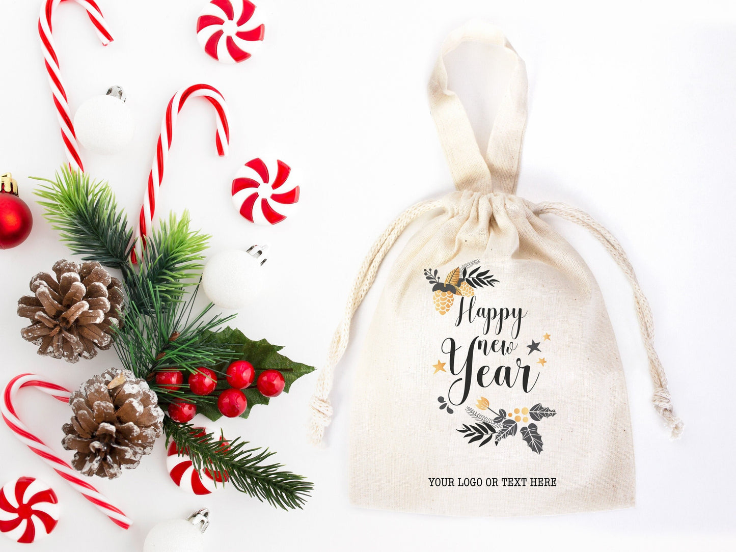 Happy New Year Bear Favor Bags - 6"W x 8"H (15.5 cm x 20 cm)  Personalised Cotton & Muslin Bags, New Year Pouch Bags