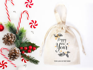 Happy New Year Bear Favor Bags - 6"W x 8"H (15.5 cm x 20 cm)  Personalised Cotton & Muslin Bags, New Year Pouch Bags
