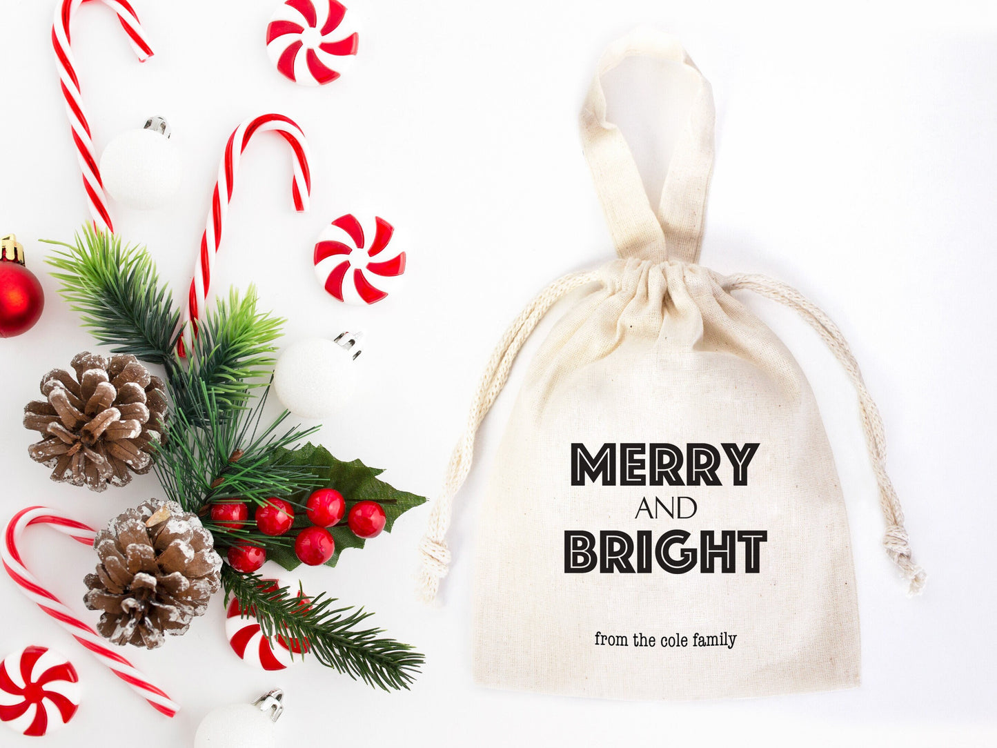 Merry And Bright Bags, 6"W x 8"H (15 cm x 20 cm)  Custom Family or Company Bags, Add Logo & Text - Personalized Cotton Bags For You, Christmas Gift Bag