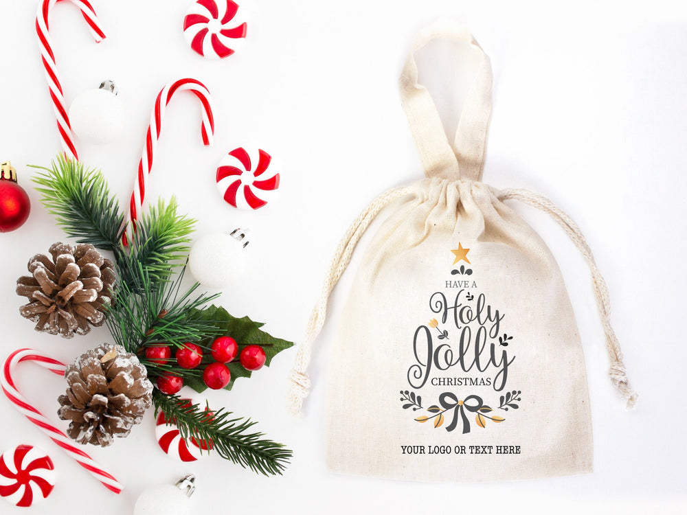 Holly Jolly Bags 6"W x 8"H (15.5 cm x 20 cm) Custom Family or Company Bags, Add Logo & Text, Personalized Cotton Bags For You, Muslin Bags, New year Pouches