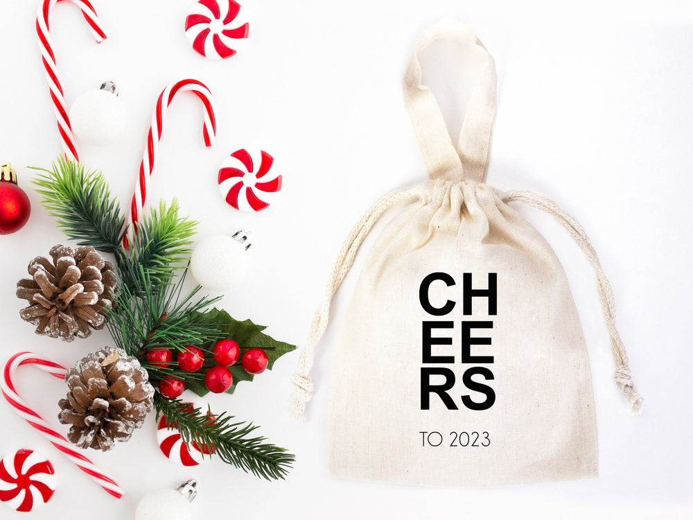 Personalized Cheers to 2023 Bags, 6"W x 8"H (15.5 cm x 20 cm) Custom Family or Company Bags, Bachelorette Party, Personalized Cotton Bags, Happy Holiday Gift Bag