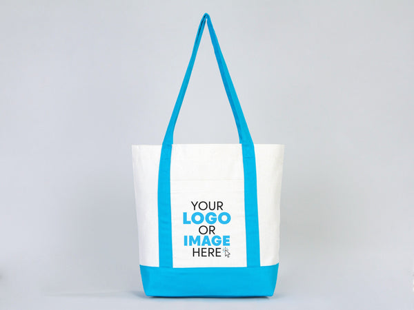 Large Trend Canvas Shopping Bag with Turquoise Handle, 16"W x 14"H x 5"L, Large Tote Bag 12 Oz, Personalized