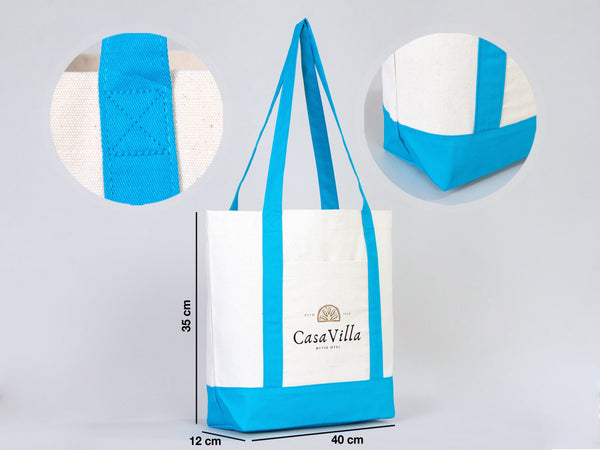 Large Trend Canvas Shopping Bag with Turquoise Handle, 16"W x 14"H x 5"L, Large Tote Bag 12 Oz, Personalized
