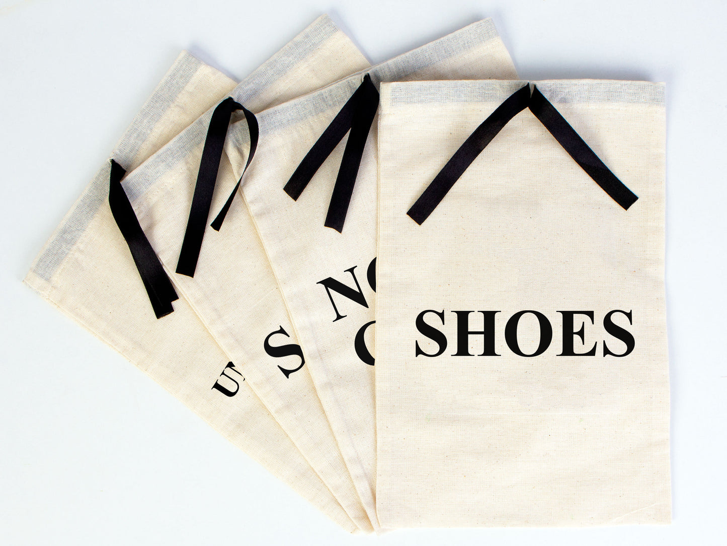 Wholesale Logo Printed Shoe Bags | Custom Drawstring Shoe Organizers | 2 Sizes | Cotton Pouch Shoe Bags with Black Ribbon