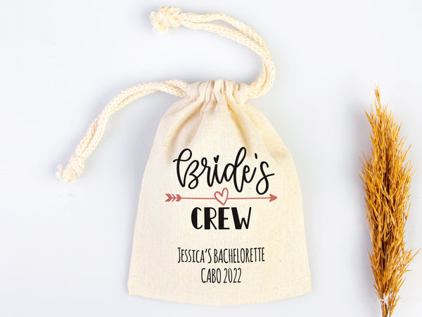 Bride’s Crew Favor Bags – Custom Bachelorette Party Cotton Pouches