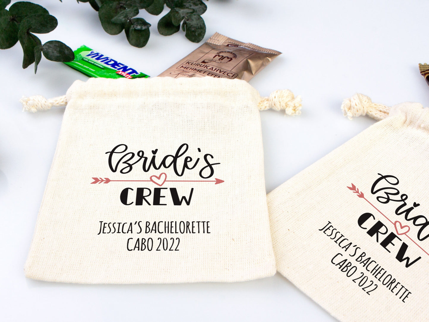 Bride's Crew Hangover Bag Bachelorette Favor Party Bags - Recovery Party Custom Name Print - Organic Cotton Drawstring Bag