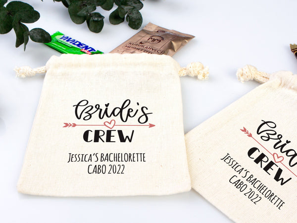 Bride’s Crew Favor Bags – Custom Bachelorette Party Cotton Pouches