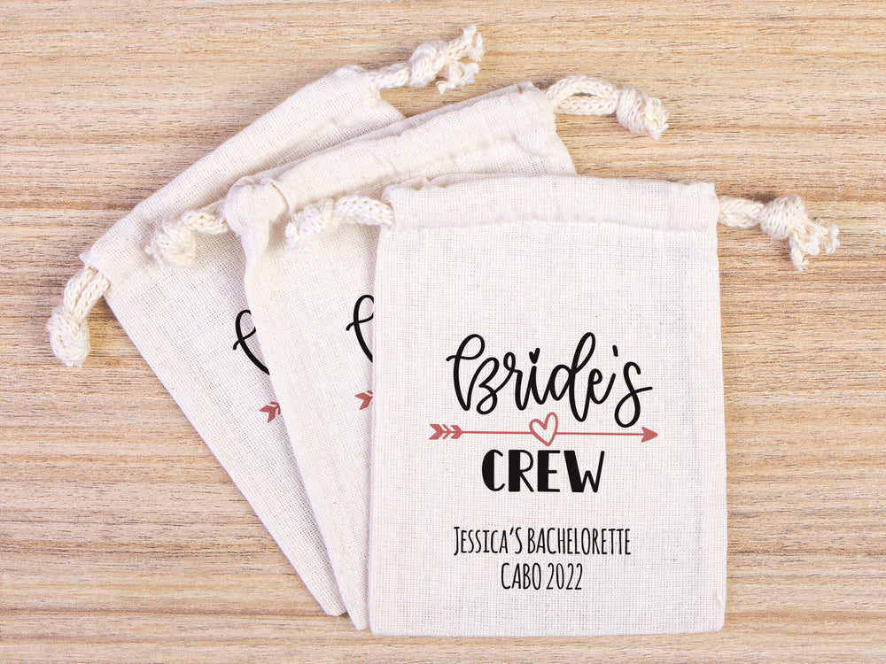 Bride’s Crew Favor Bags – Custom Bachelorette Party Cotton Pouches