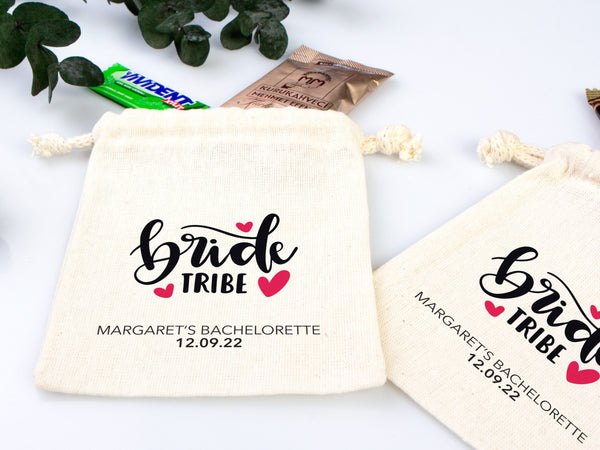 Bride’s Tribe Hangover Pouches, Bachelorette Party Favor Recovery Kit – Personalized Cotton Drawstring Bags