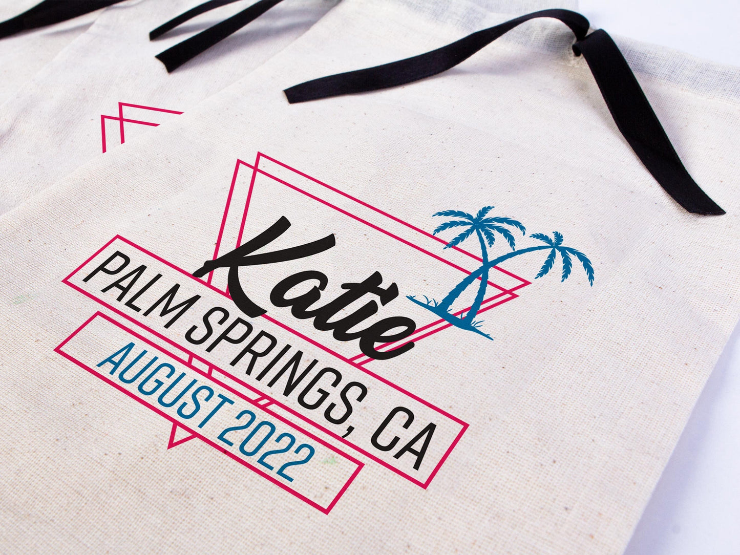 Palm Springs Ca Bags, Hangover bags with Black Ribbon, Custom Organic Cotton Pouch, Wedding Recovery Kit Party Bachelorette Birthday Party