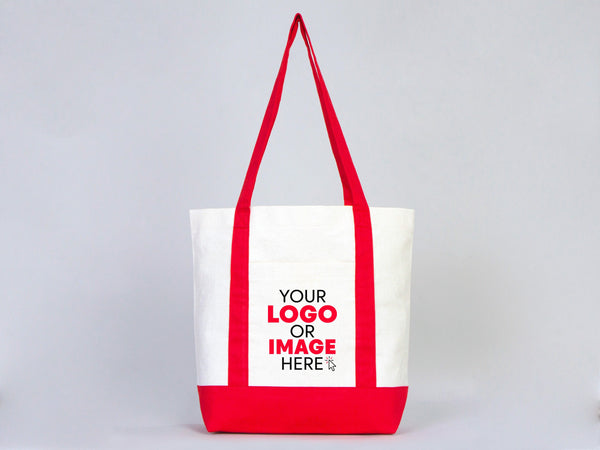 Large Trend Canvas Shopping Bag with Red Handle, 16"W x 14"H x 5"L, Large Tote Bag 12 Oz, Personalized