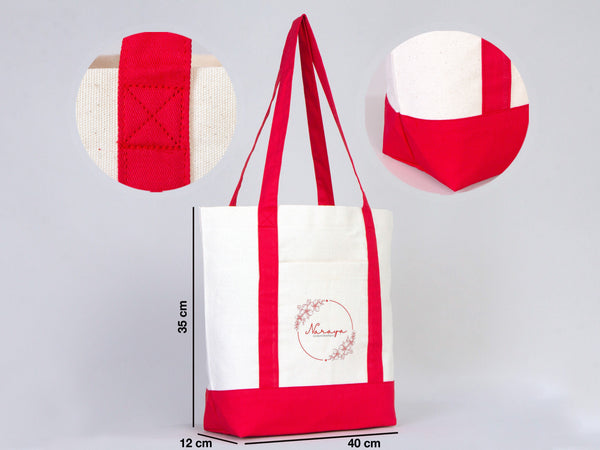 Large Trend Canvas Shopping Bag with Red Handle, 16"W x 14"H x 5"L, Large Tote Bag 12 Oz, Personalized