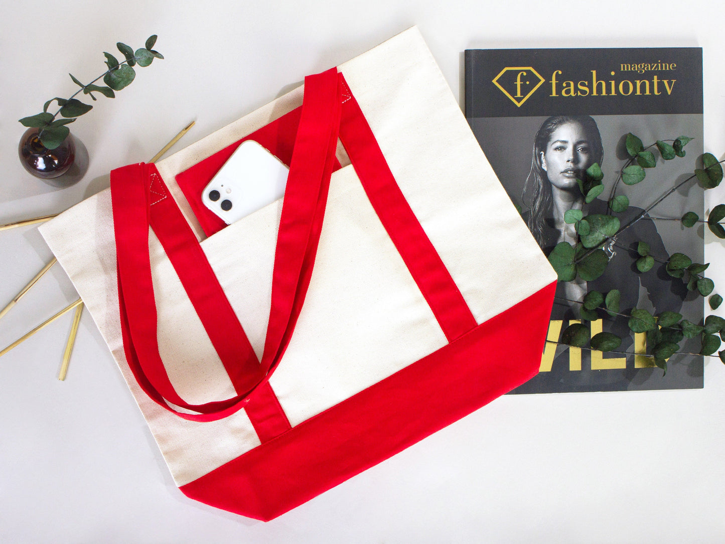 Large Canvas Tote Bag with Red Handles – 16"x14"x5" Eco-Friendly Cotton Shopping Bag