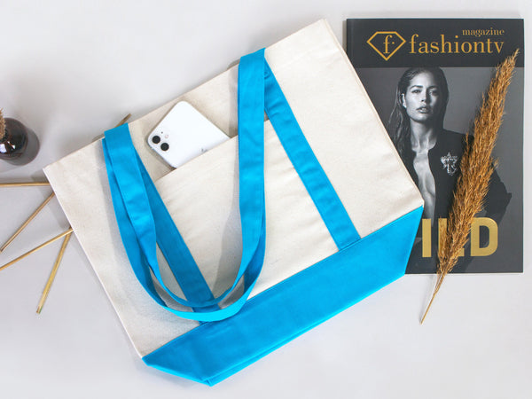 Large Trend Canvas Shopping Bag with Turquoise Handle, 16"W x 14"H x 5"L, Large Tote Bag 12 Oz, Personalized