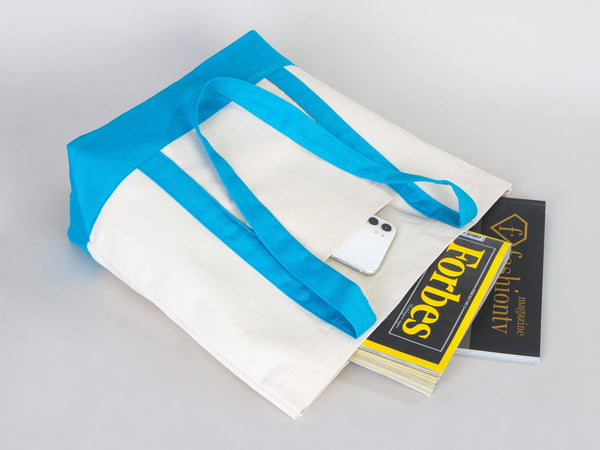 Large Trend Canvas Shopping Bag with Turquoise Handle, 16"W x 14"H x 5"L, Large Tote Bag 12 Oz, Personalized