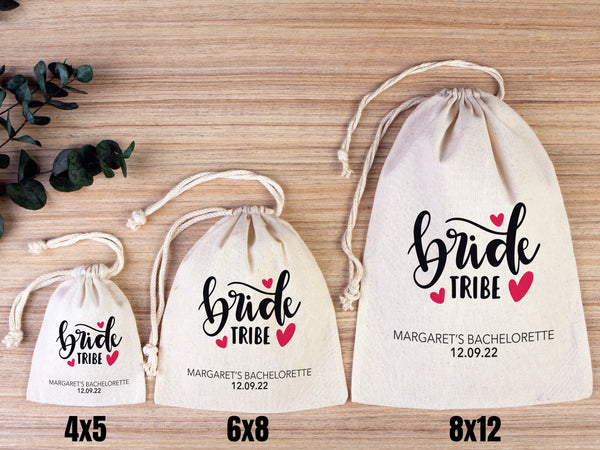 Bride’s Tribe Hangover Pouches, Bachelorette Party Favor Recovery Kit – Personalized Cotton Drawstring Bags
