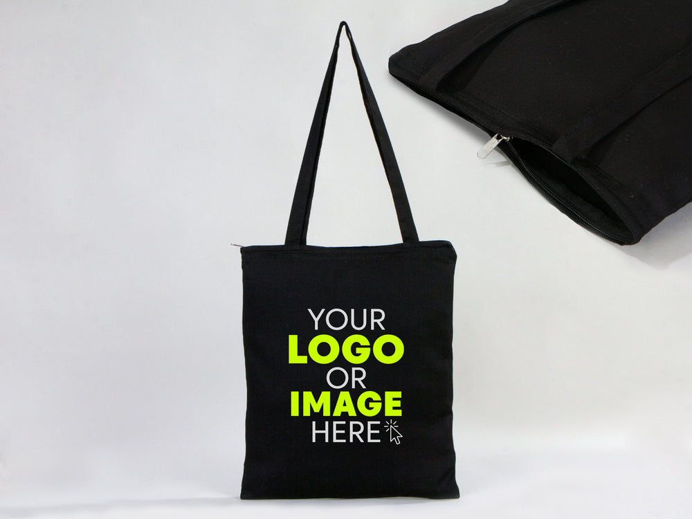 Gabardine Tote Bags With Zipper – Black 14"W x 16"H Custom Cotton Promotional Bags