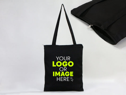 Black Tote Bags With Zip, 14"W x 16"H (35 cm x 40 cm) - Custom Tote Bags With Your Logo -  Custom Promotional Bags