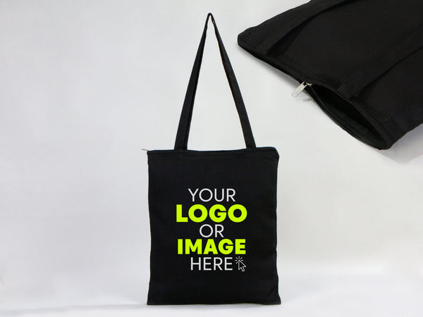 Gabardine Tote Bags With Zipper – Black 14"W x 16"H Custom Cotton Promotional Bags