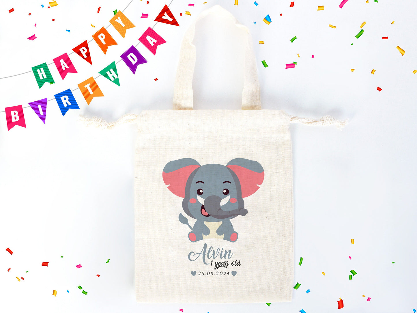 Party Bags For First Birthday,  6"W x 8"H (15.5 cm x 20 cm) Happy Birthday Custom Name Bags, Personalized Animal Print, Custom Birthday Favor Bag