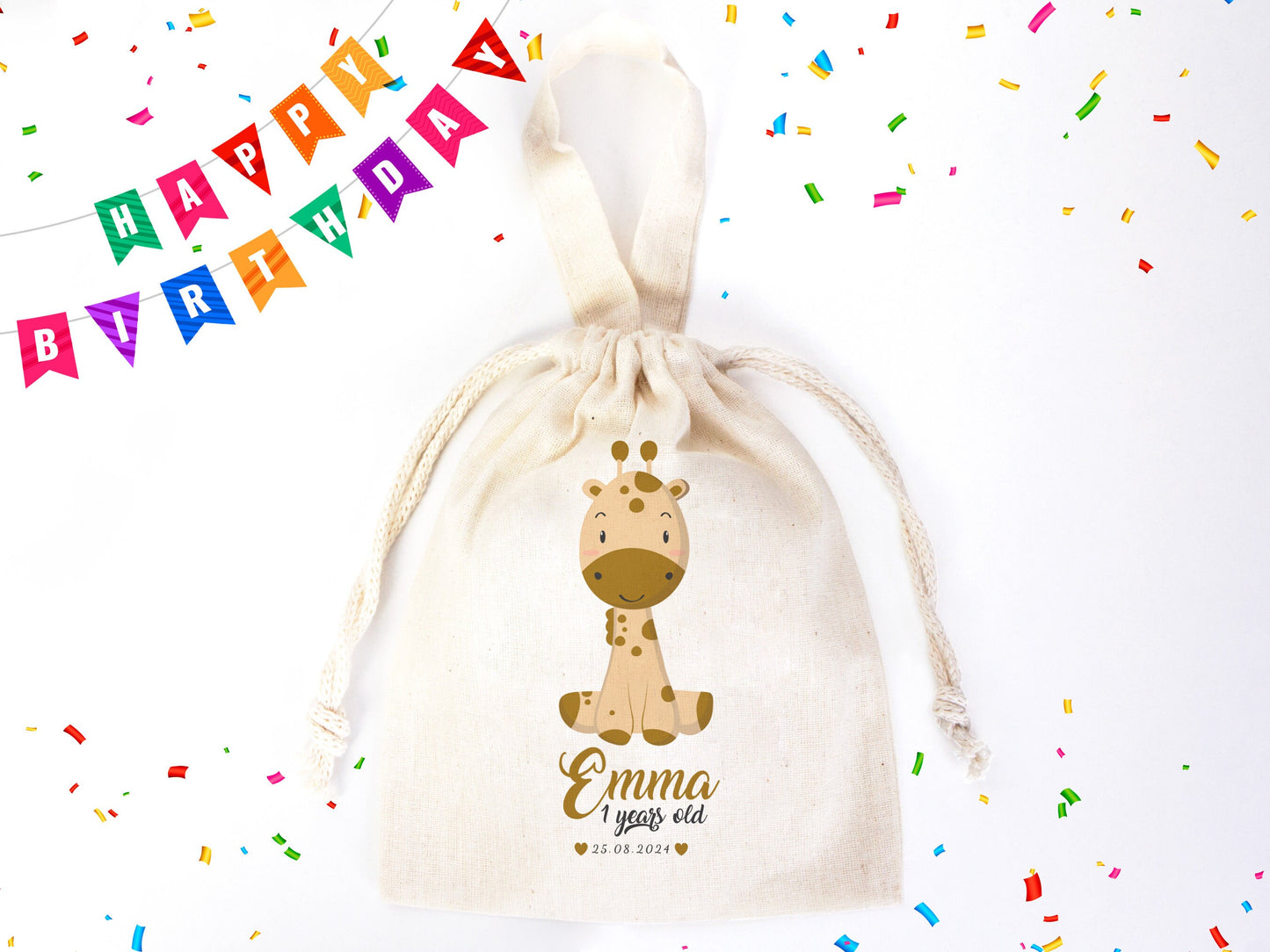 Party Bags For First Birthday,  6"W x 8"H (15.5 cm x 20 cm) Happy Birthday Custom Name Bags, Personalized Animal Print, Custom Birthday Favor Bag