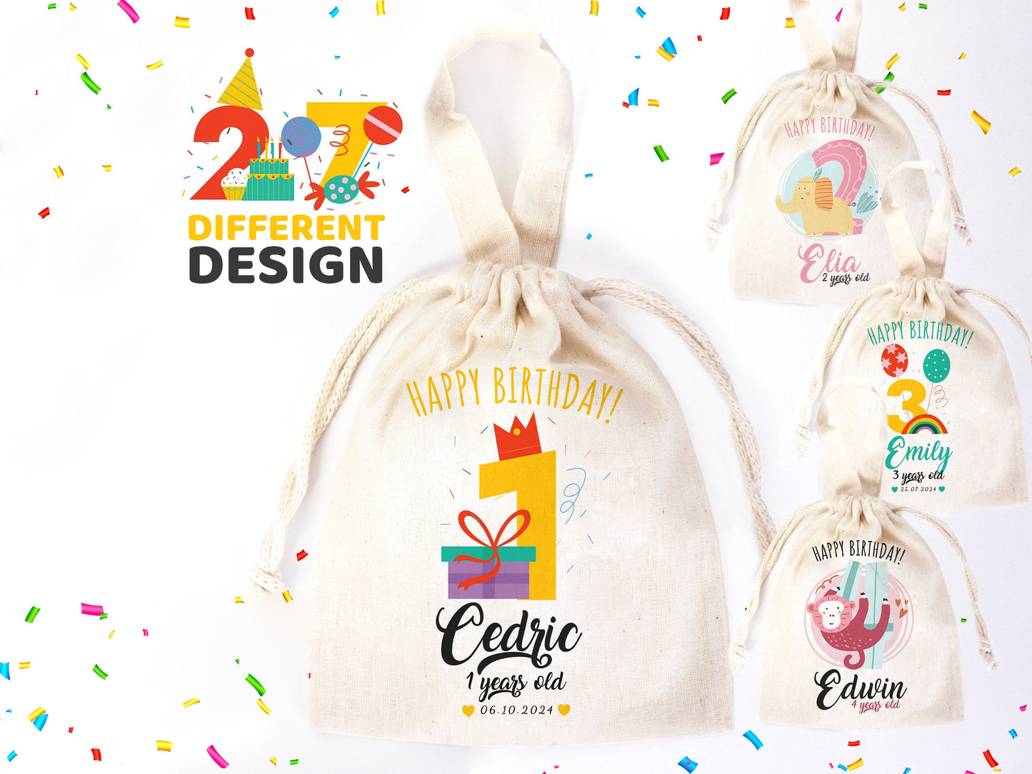 Customized Pouch Bags - Pouch Bags 6"W x 8 "H  (15.5cm x 20cm) - Personalized Custom Name Birthday Favor Bags 27 Different Designs