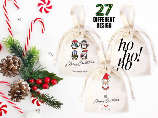 Personalized Christmas Gift Bags, 27 Design, Holiday Party Favors, Personalized 6"W x 8"H (15.5cm x 20 cm) Cotton Bags , Muslin Bags, Gift Bags