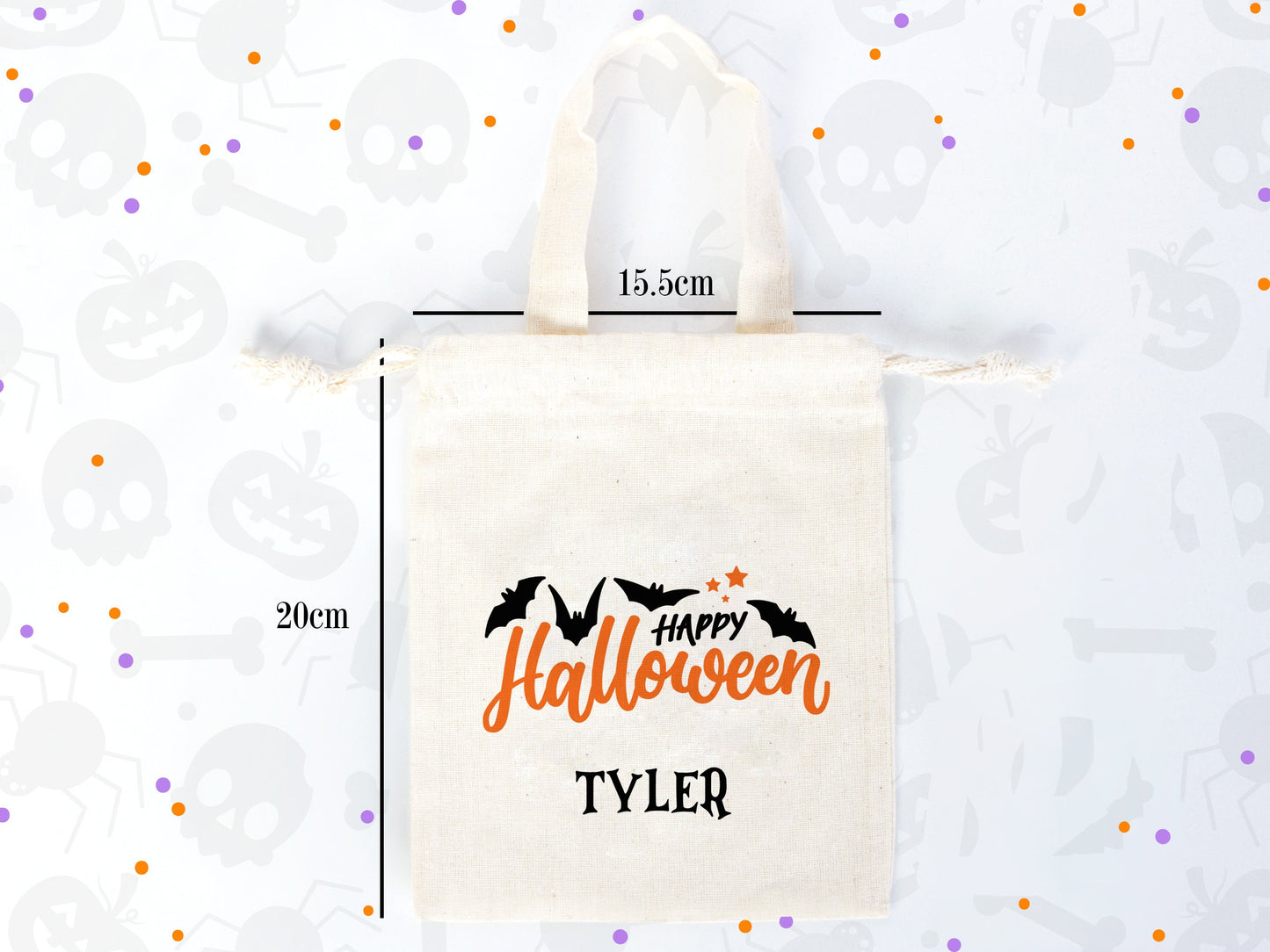 Personalized Halloween Drawstring Pouch Bag  6"W x 8"H (15.5 cm x 20 cm) Trick or Treat Candy Bag, With Your Name,  Spooky Halloween Basket, 27 Design