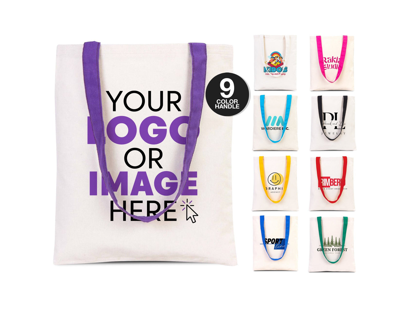 Custom Canvas Tote Bag  14"W x 16"H (35 cm x 40 cm) -  Personalised Tote Bag, Customize Cotton Fabric Bags, 9 Color Handle, Cotton Totes With Logo