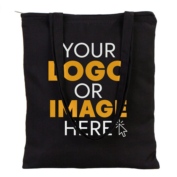 Gabardine Tote Bags With Zipper – Black 14"W x 16"H Custom Cotton Promotional Bags