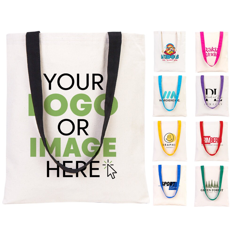 Custom Canvas Tote Bag  14"W x 16"H (35 cm x 40 cm) -  Personalised Tote Bag, Customize Cotton Fabric Bags, 9 Color Handle, Cotton Totes With Logo