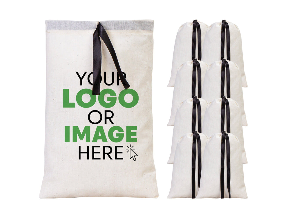 Custom Logo Printed Cotton Bags, 8"W x 12"H (20 x 30 cm)  Bridal Gifts, Black Double Drawstring Pouch Bags, Party Favor Bags