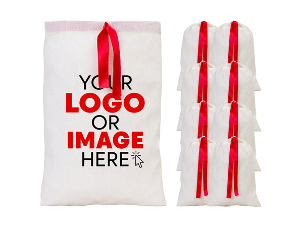 Personalized Logo Printed Cotton Bags – 8 W x  12 H  (20 cm " x 30 cm ") Red Double Drawstring Pouch Bags,  Custom Party Favor Bags for Bridal Gifts