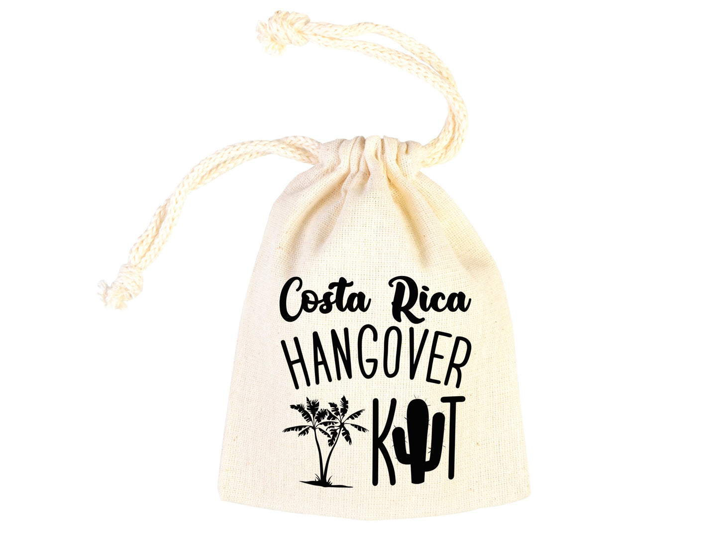 Costa Rica Hangover Bags - Custom Party Bags for Survival & Recovery Kit - Bachelorette Custom Name Print - Organic Cotton Drawstring Pouches