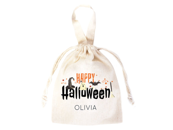 Personalized Halloween Drawstring Pouch Bag – 6"x8" Trick or Treat Candy Bag with Name, Spooky Basket Alternative, 27 Designs