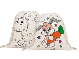 Custom Drawstring Backpacks - 14"W x 16"H (35 cm x 40 cm)  Dinosaur and Rabbit Designs - Kids Art Set - Cotton Drawstring Bags for Kids & Schools