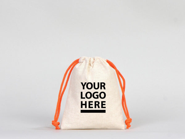 Drawstring Muslin Bags with Orange Handle – 4"W x 5"H (10 x 13 cm) – Hangover Kit Bag, Party Favor Bags, Bachelorette Gift, Jewelry Pouch