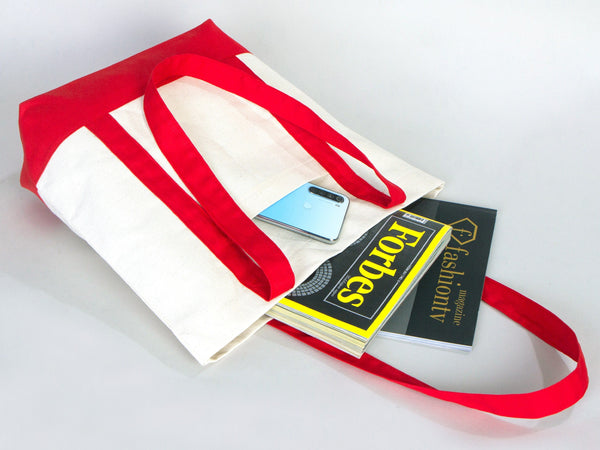 Large Trend Canvas Shopping Bag with Red Handle, 16"W x 14"H x 5"L, Large Tote Bag 12 Oz, Personalized