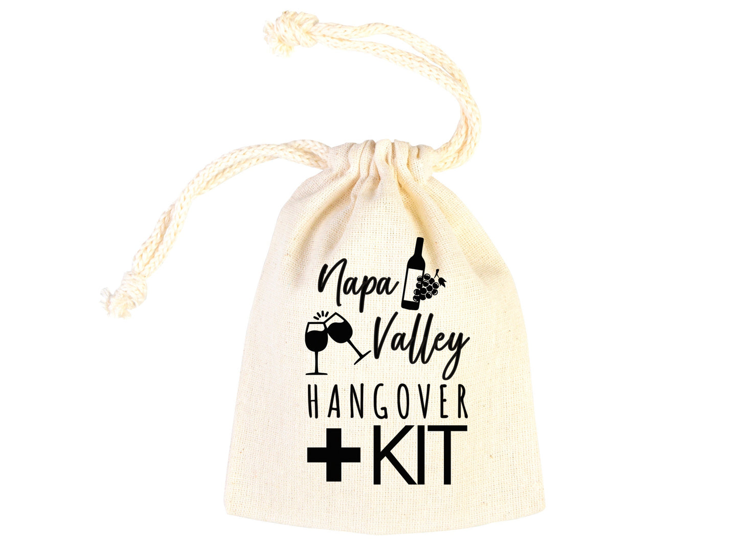 Napa Valley Hangover Bag,  Bachelorette Favor Party Bags, Recovery Party Custom Name Print, Organic Cotton Drawstring Pouchs Bag