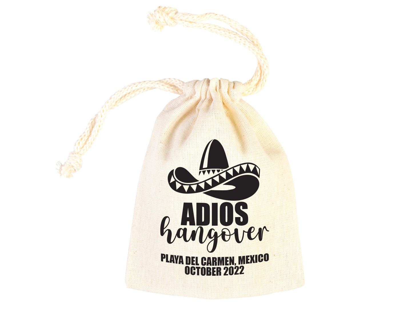 Adios Hangover Kit Bags - Raw Cotton Fabric - Party Recovery Kit Pouch - Survival Kit - Custom Mexico Hangover Bags