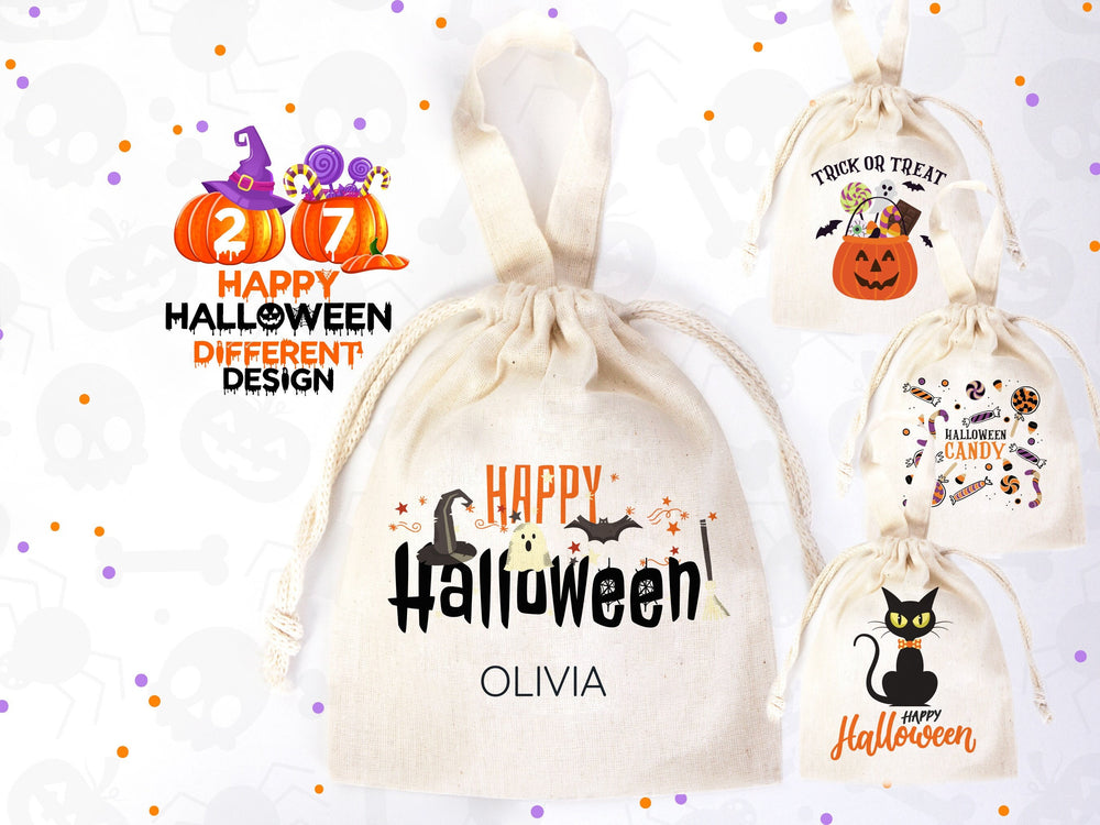 Personalized Halloween Drawstring Pouch Bag – 6"x8" Trick or Treat Candy Bag with Name, Spooky Basket Alternative, 27 Designs