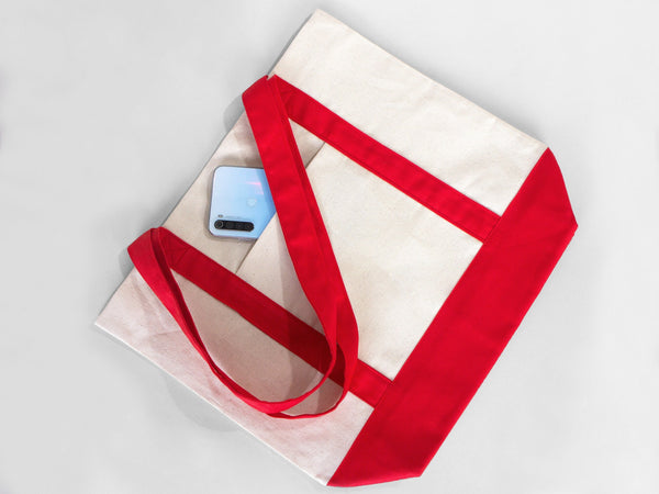 Large Trend Canvas Shopping Bag with Red Handle, 16"W x 14"H x 5"L, Large Tote Bag 12 Oz, Personalized