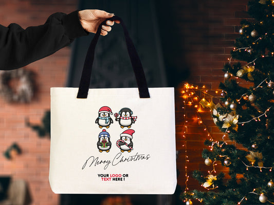 Christmas Canvas Tote Bags, 18"W x 14"H x 3"L (45 cm x 35 cm x 8 cm) Custom New Year Bags, Personalization, Santa, Snowman, Penguin, Reindeer