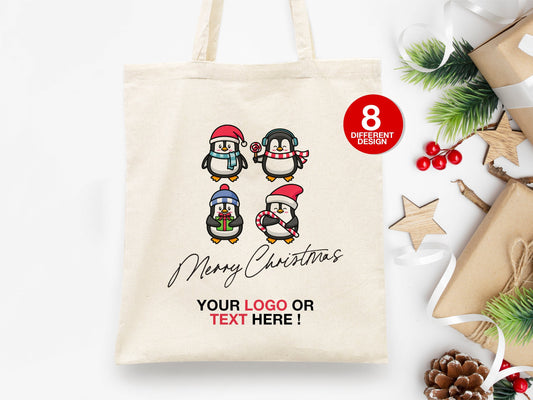 Custom Christmas Tote Bags, 14"W x 16"H (35 cm x 40 cm) Holiday Family Gift Bags, Merry Christmas Bag, Custom Name Tote Bag, Santa, Snowman, Penguin