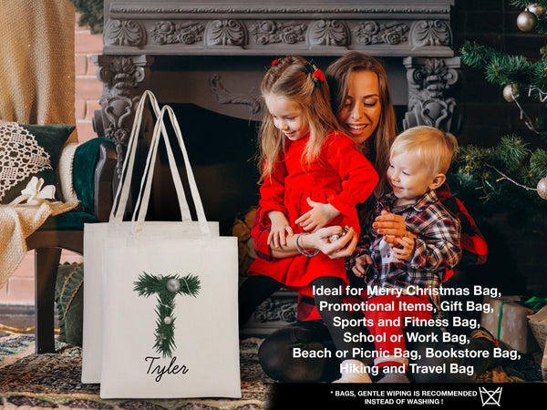 Custom Name Christmas Tote Bag 14"W x 16"H (35 x 40 cm) - Custom Name Holiday Gift, Festive Family Bag, Christmas Tree Tote, Santa's Gift Bags